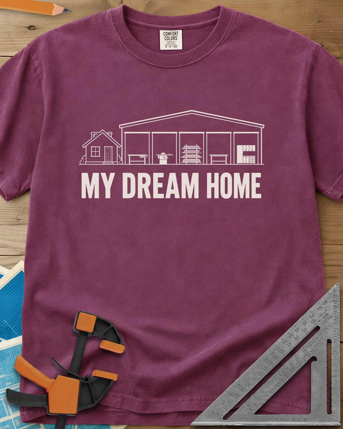 Dream Home heavyweight tee in Berry, a small house beside a huge five-bay woodworking shop