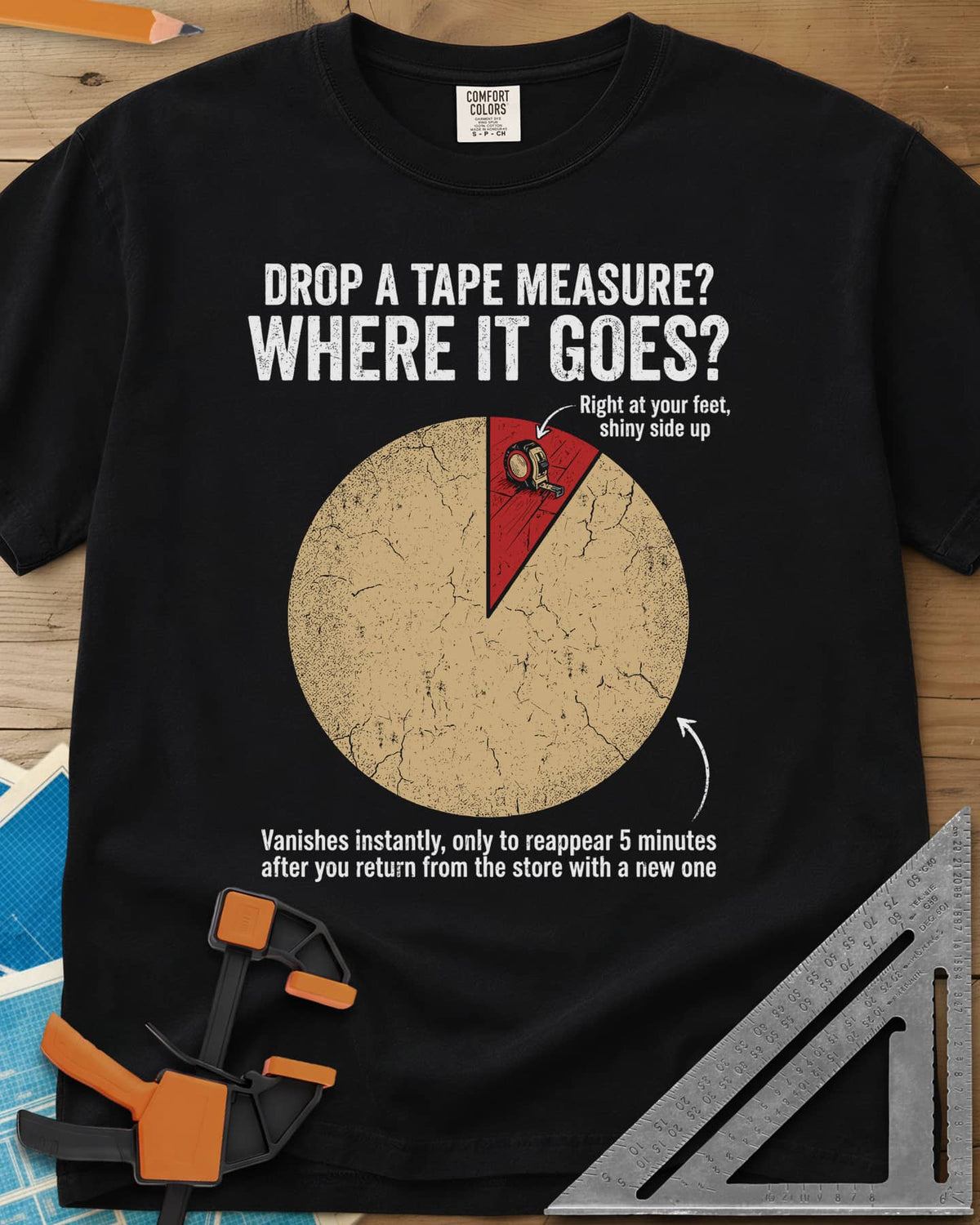 Drop a Tape Measure heavyweight tee in Black, a cracked pie chart with a tiny red slice holding a tape measure