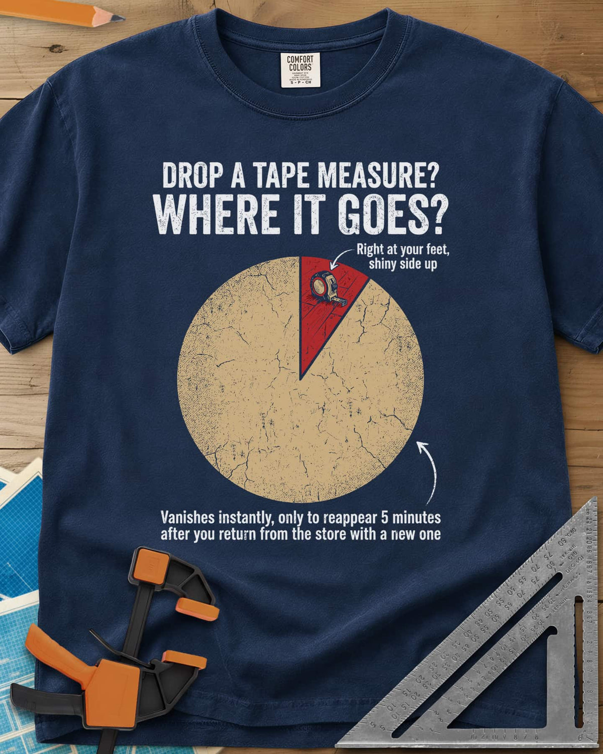 Drop a Tape Measure heavyweight tee in Navy, a cracked pie chart with a tiny red slice holding a tape measure