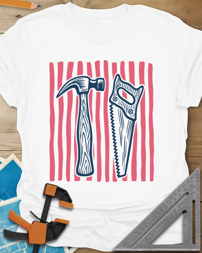 Hammer & Saw t-shirt in White, a claw hammer and a handsaw over hand-drawn coral stripes