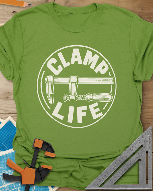 Clamp Life t-shirt in Kiwi, a wood-handled bar clamp inside a round badge
