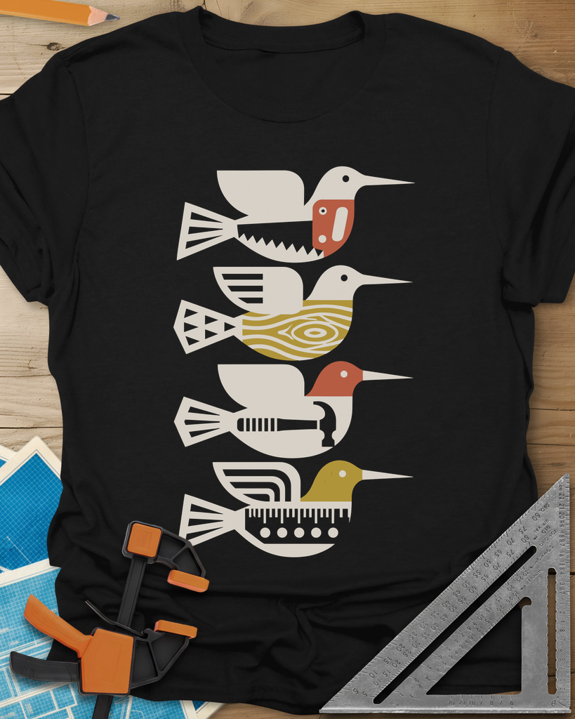 Woodworking Birds t-shirt in Black, four stacked birds built from a saw, wood grain, hammer and ruler