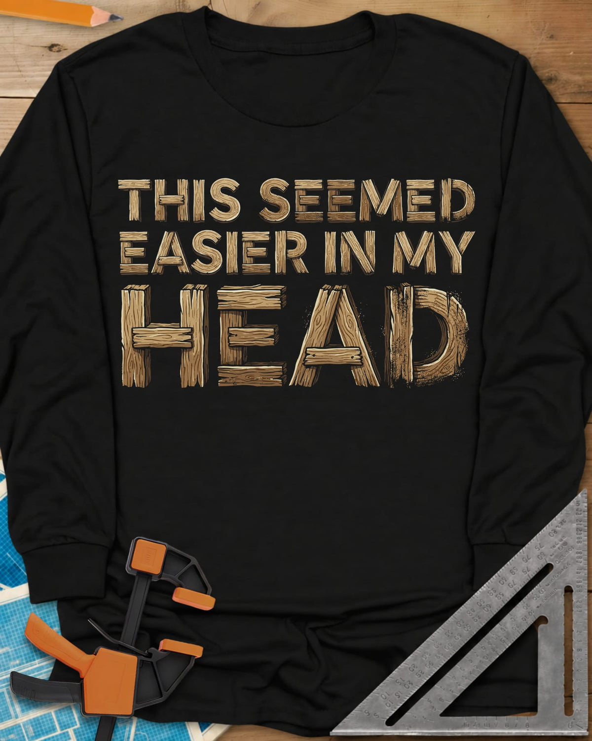 Easier in My Head long sleeve shirt in Black, plank-style lettering, with HEAD built from big wooden boards