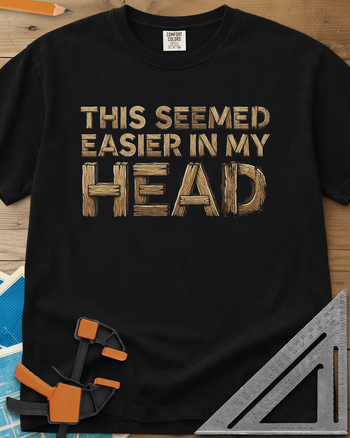 Easier in My Head heavyweight tee in Black, plank-style lettering, with HEAD built from big wooden boards