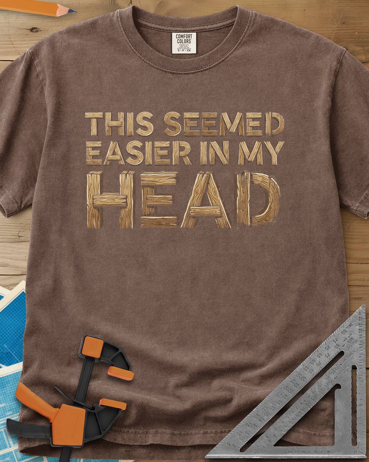 Easier in My Head heavyweight tee in Espresso, plank-style lettering, with HEAD built from big wooden boards