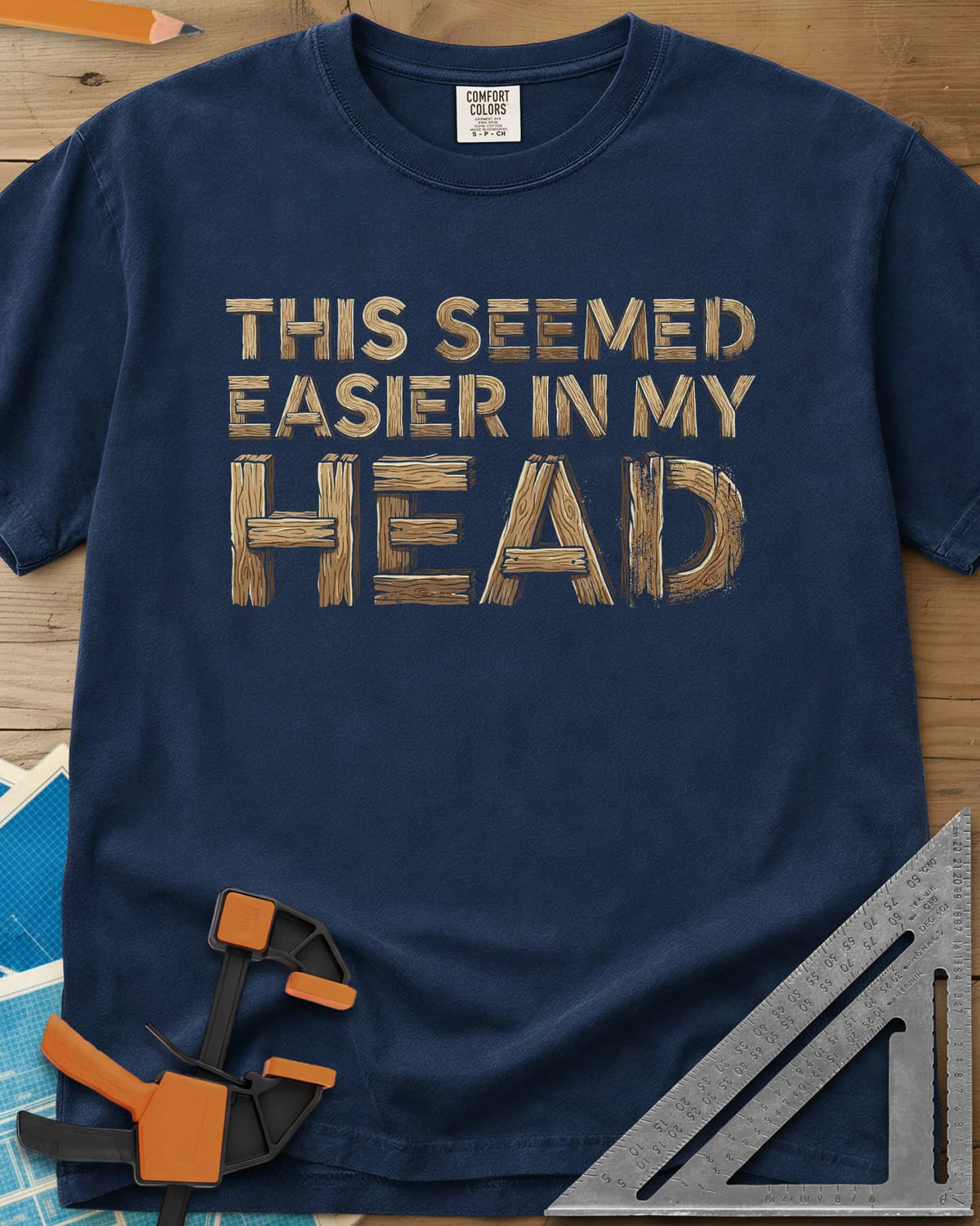 Easier in My Head heavyweight tee in Navy, plank-style lettering, with HEAD built from big wooden boards