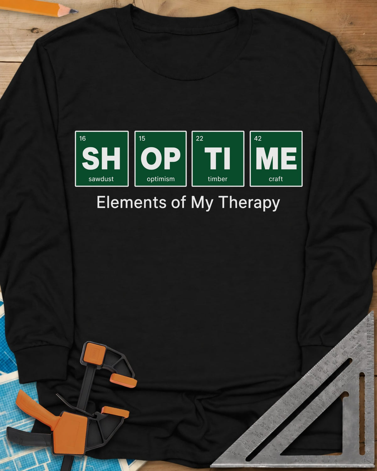 Elements of My Therapy long sleeve shirt in Black, four green periodic-table tiles spelling SH OP TI ME
