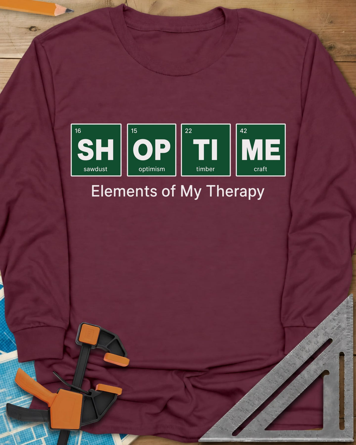 Elements of My Therapy long sleeve shirt in Maroon, four green periodic-table tiles spelling SH OP TI ME