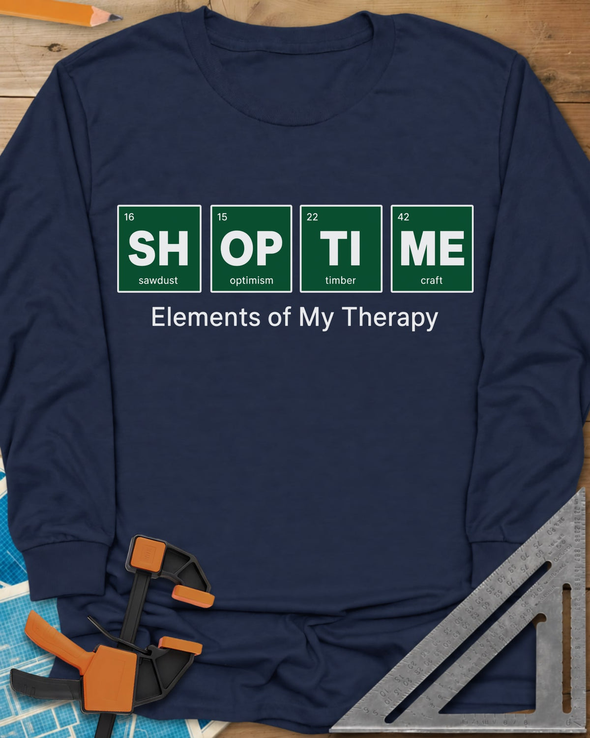 Elements of My Therapy long sleeve shirt in Navy, four green periodic-table tiles spelling SH OP TI ME