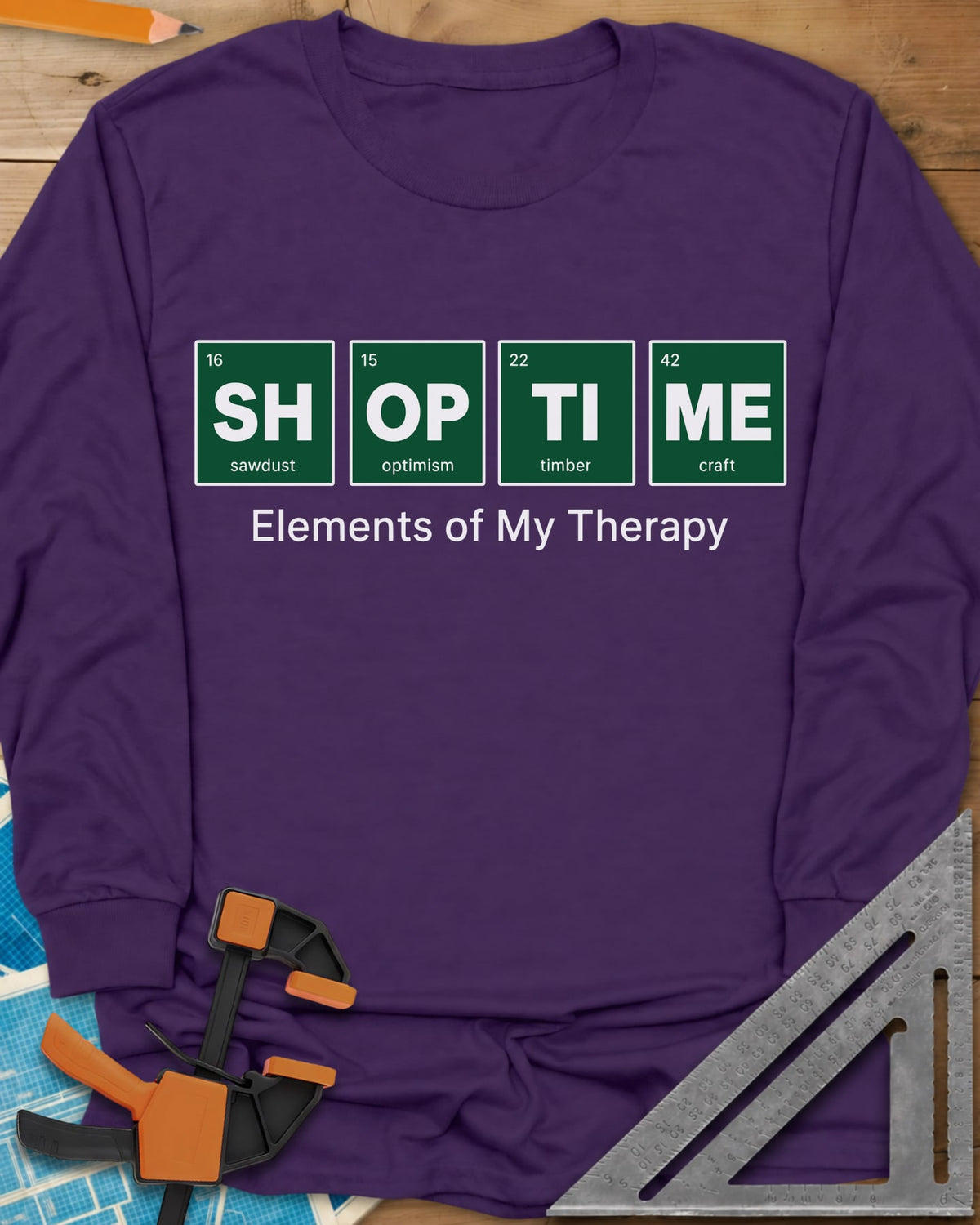 Elements of My Therapy long sleeve shirt in Purple, four green periodic-table tiles spelling SH OP TI ME