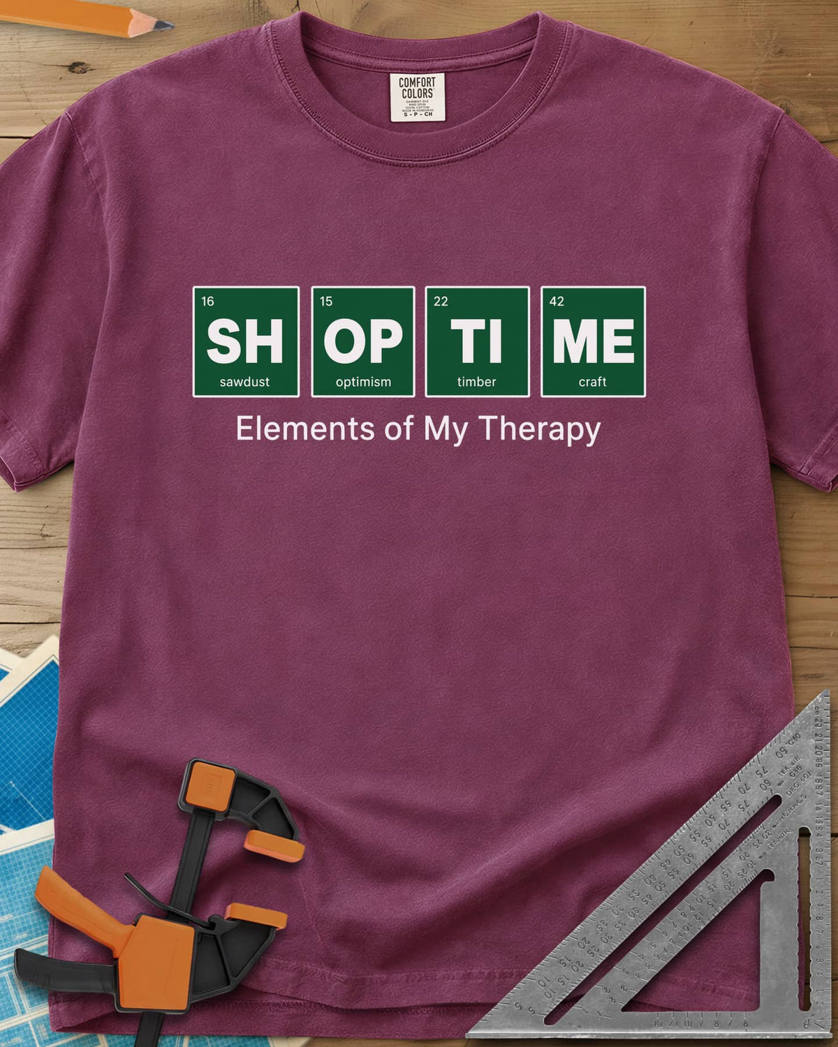 Elements of My Therapy heavyweight tee in Berry, four green periodic-table tiles spelling SH OP TI ME