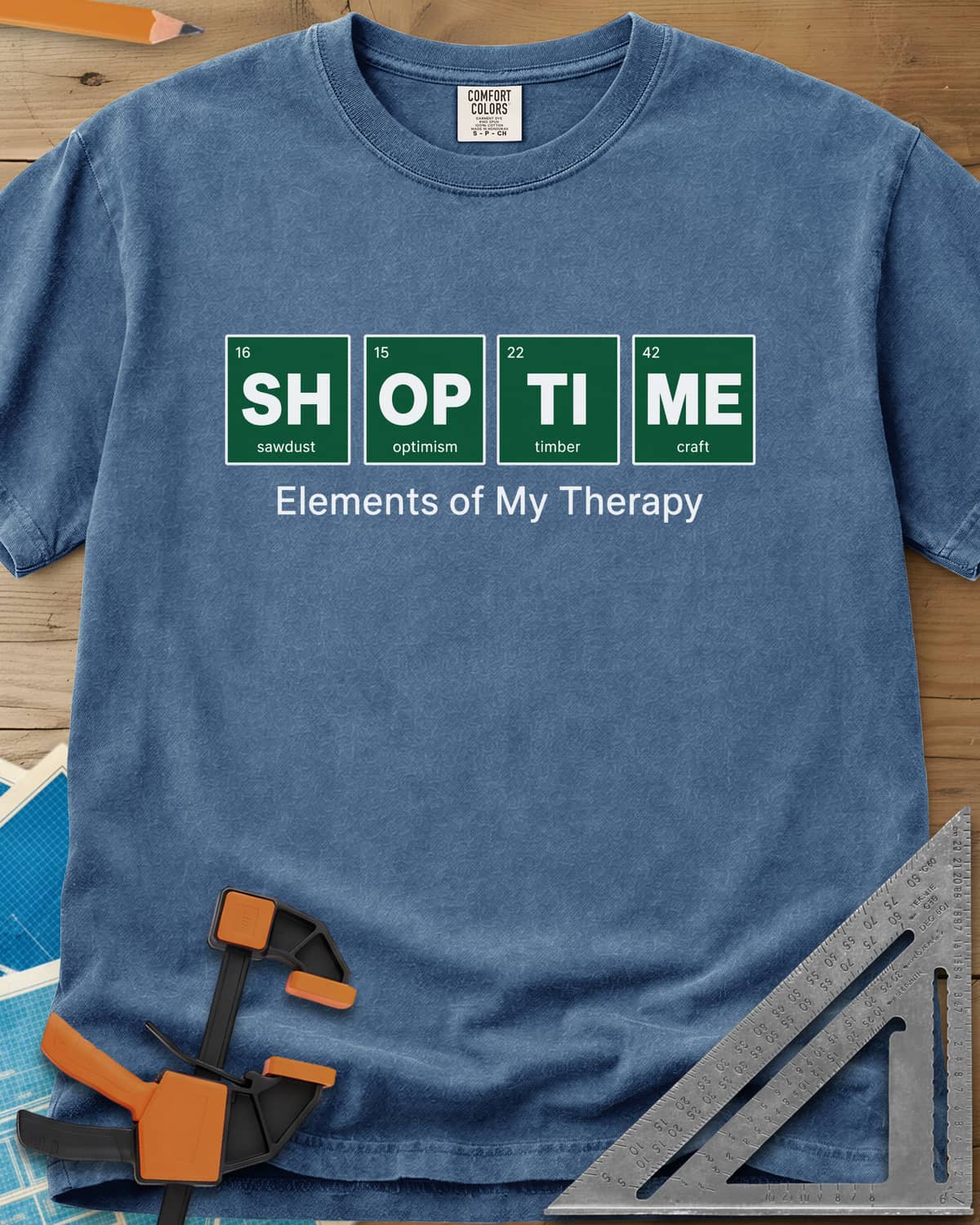 Elements of My Therapy heavyweight tee in Blue Jean, four green periodic-table tiles spelling SH OP TI ME