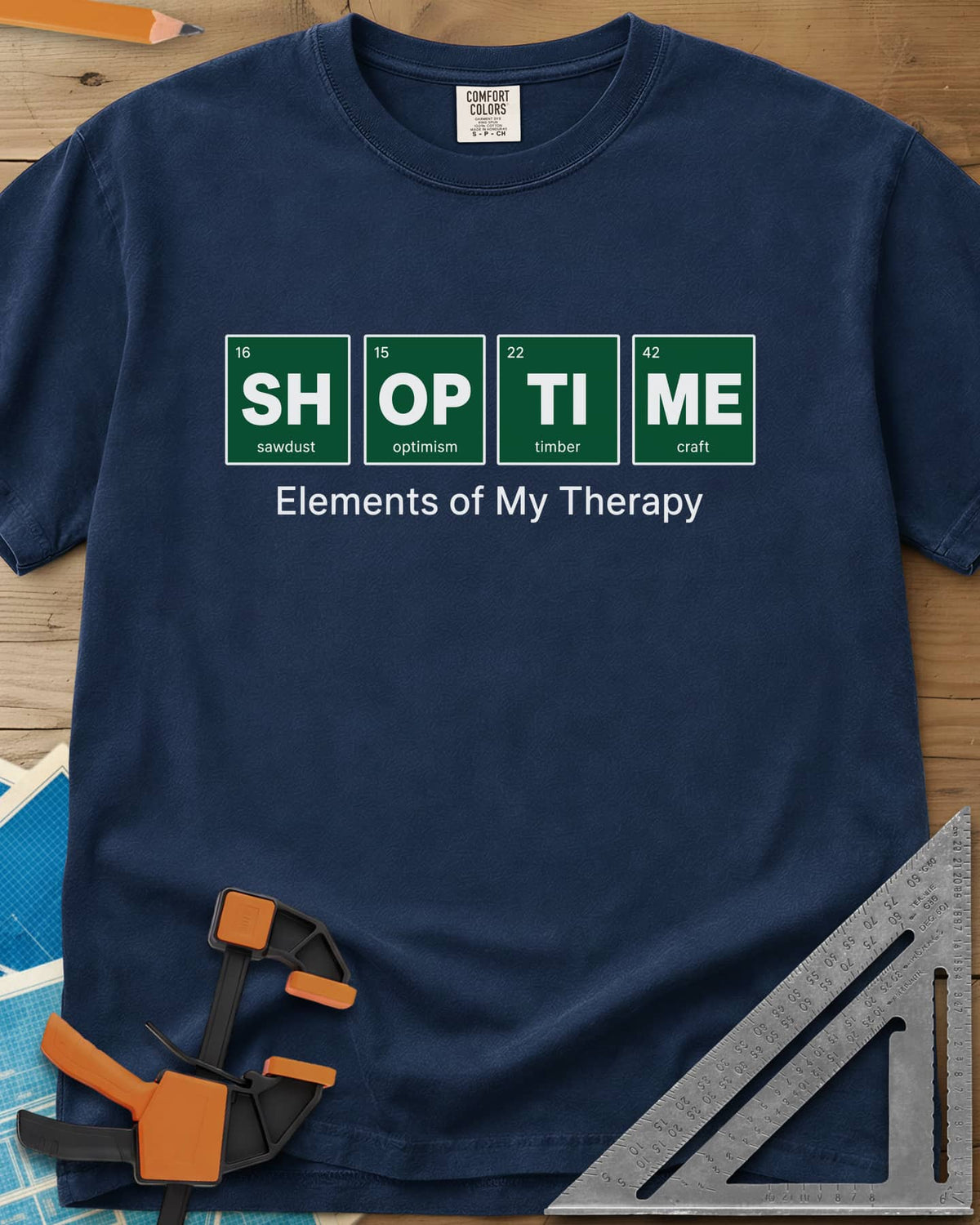 Elements of My Therapy heavyweight tee in Navy, four green periodic-table tiles spelling SH OP TI ME