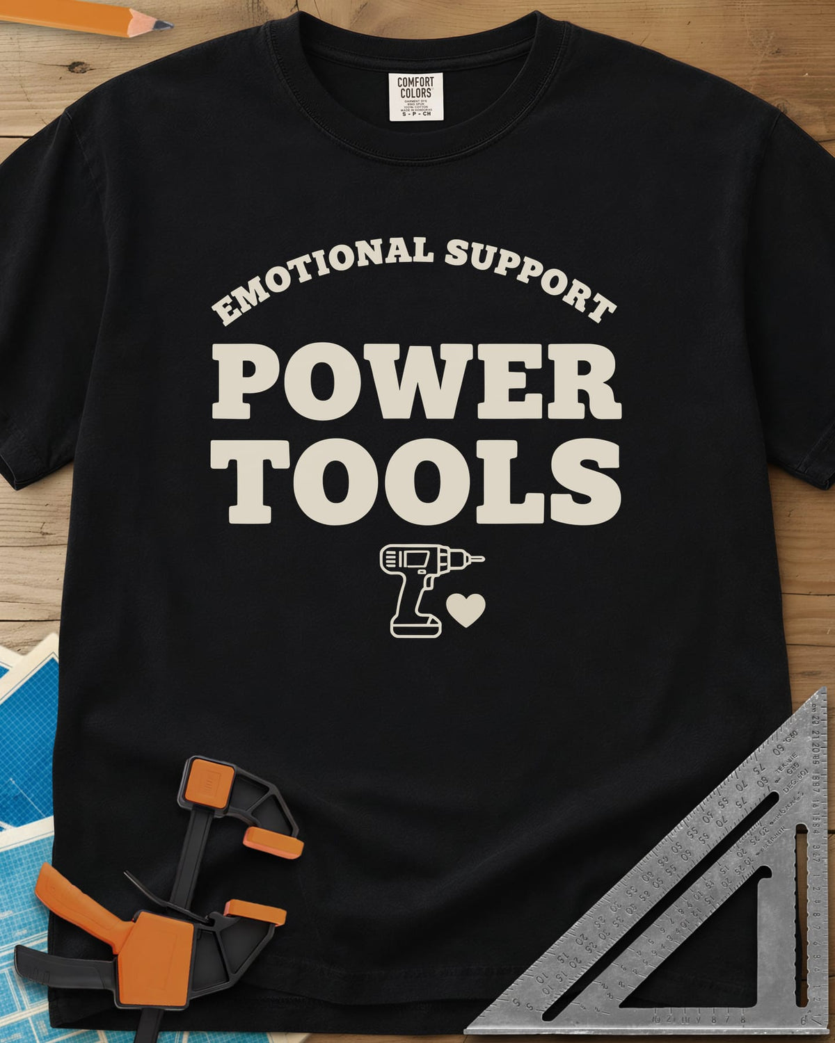 Emotional Support Power Tools heavyweight tee in Black, a cordless drill with a small heart under the lettering