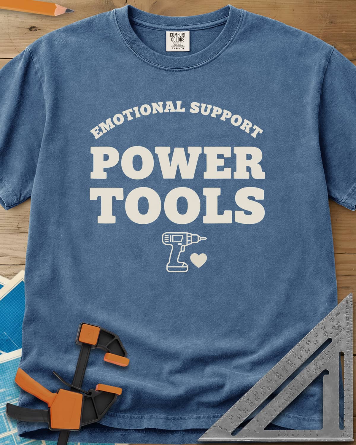 Emotional Support Power Tools heavyweight tee in Blue Jean, a cordless drill with a small heart under the lettering