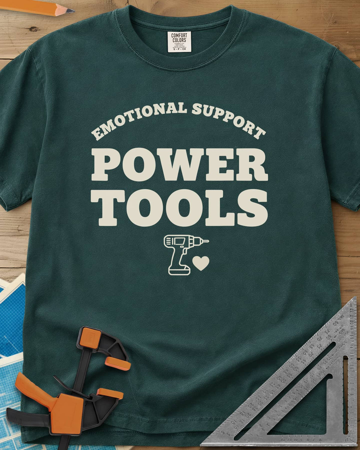 Emotional Support Power Tools heavyweight tee in Blue Spruce, a cordless drill with a small heart under the lettering
