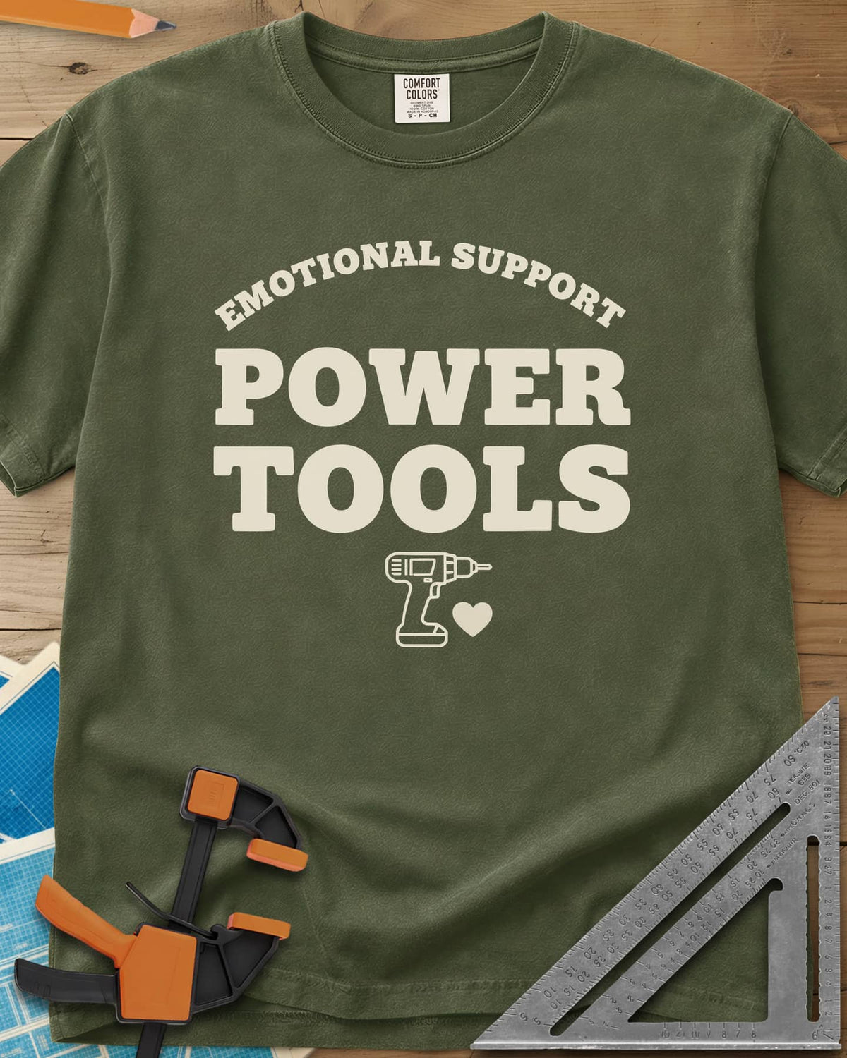 Emotional Support Power Tools heavyweight tee in Hemp, a cordless drill with a small heart under the lettering