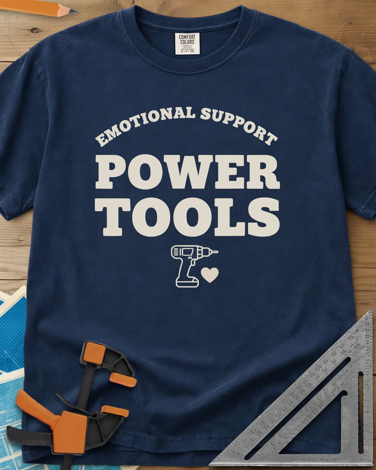 Emotional Support Power Tools heavyweight tee in Navy, a cordless drill with a small heart under the lettering