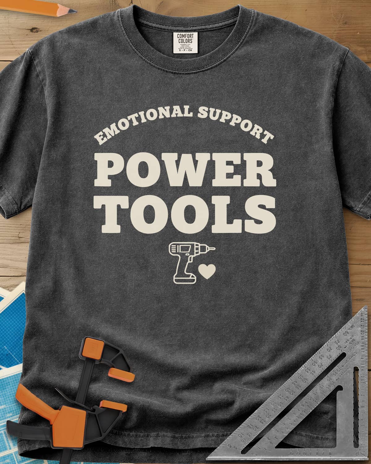 Emotional Support Power Tools heavyweight tee in Pepper, a cordless drill with a small heart under the lettering
