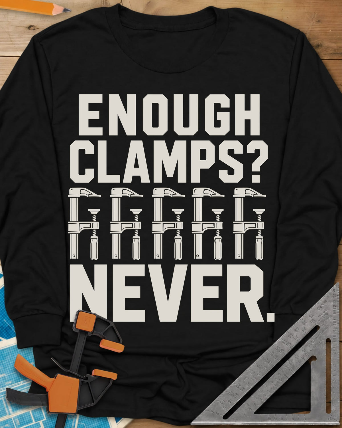 Enough Clamps long sleeve shirt in Black, five bar clamps in a row between bold lettering