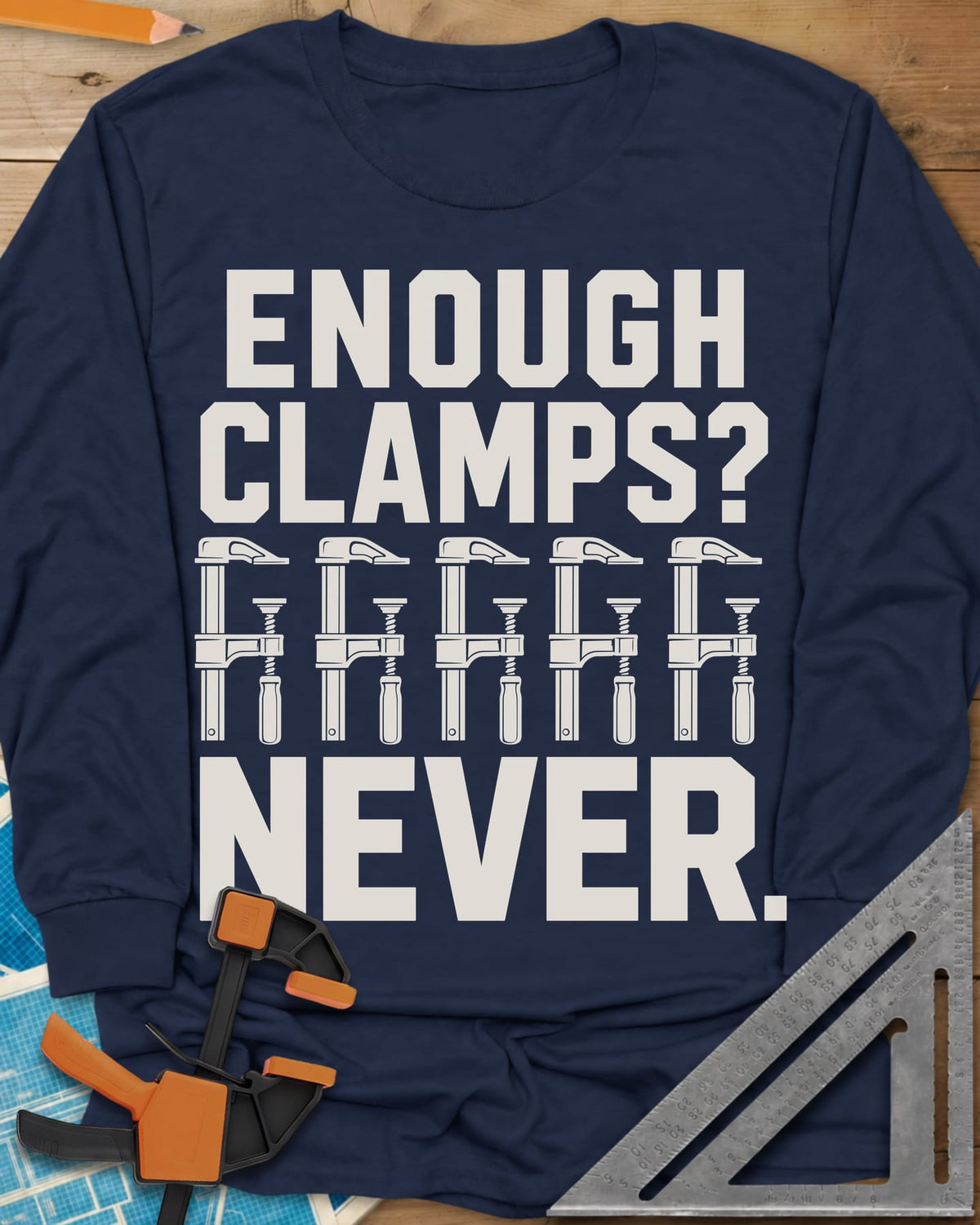 Enough Clamps long sleeve shirt in Navy, five bar clamps in a row between bold lettering