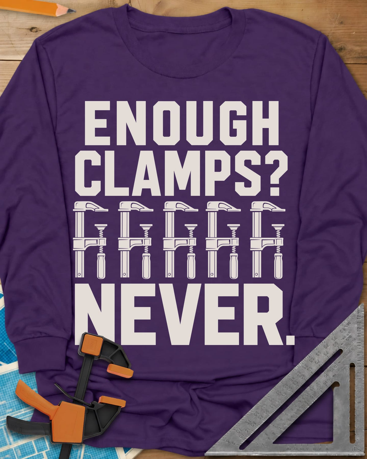 Enough Clamps long sleeve shirt in Purple, five bar clamps in a row between bold lettering