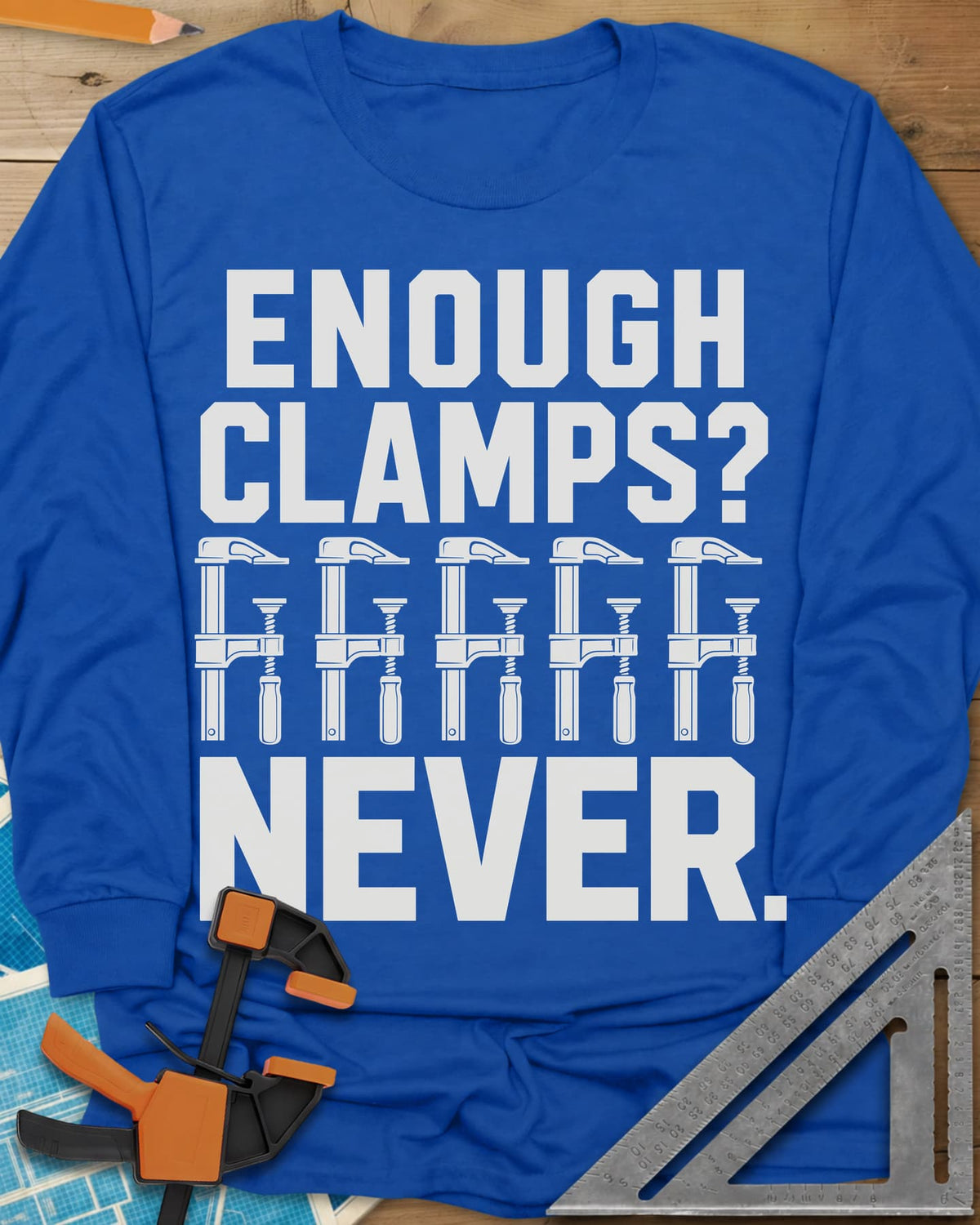 Enough Clamps long sleeve shirt in Royal, five bar clamps in a row between bold lettering