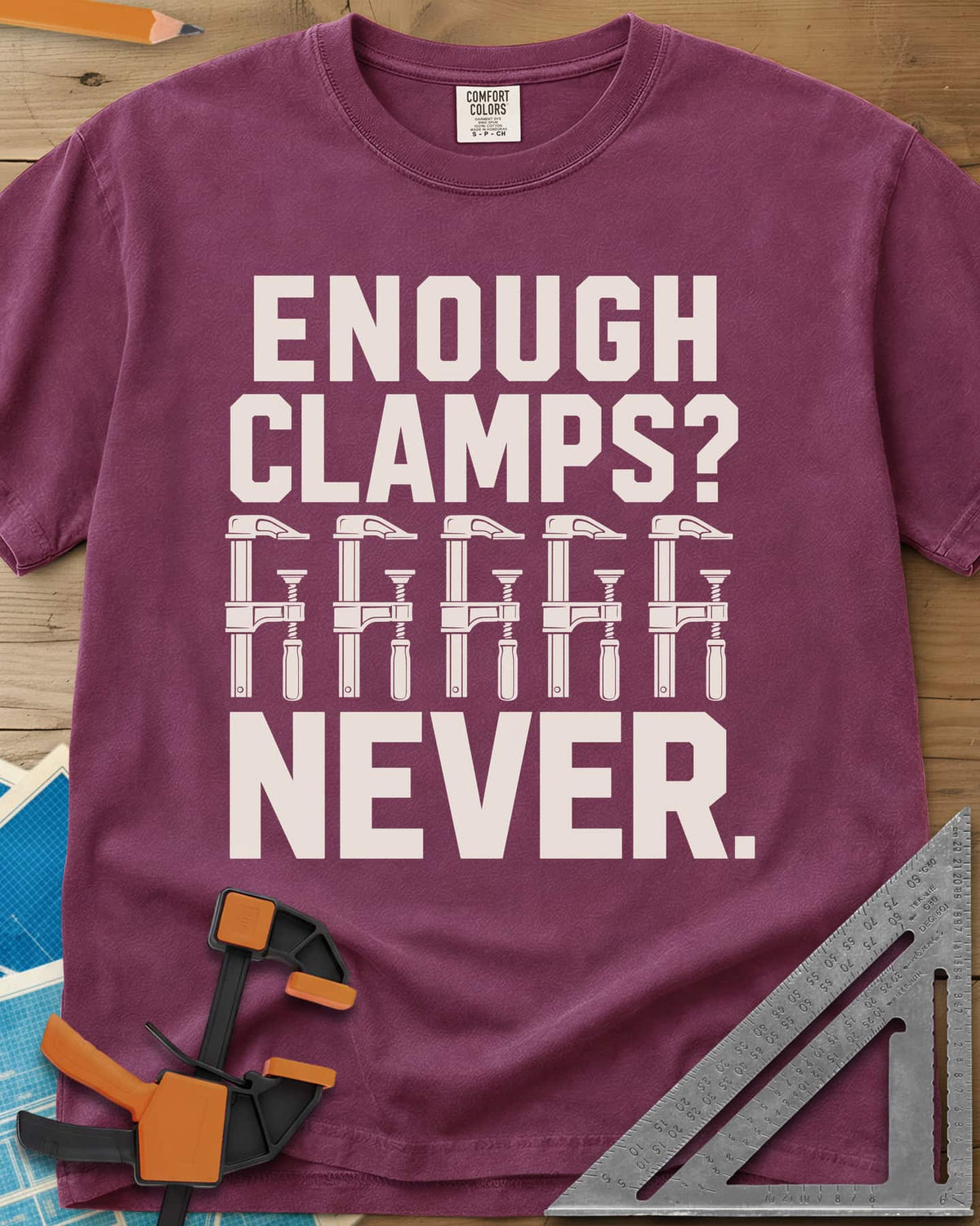Enough Clamps heavyweight tee in Berry, five bar clamps in a row between bold lettering