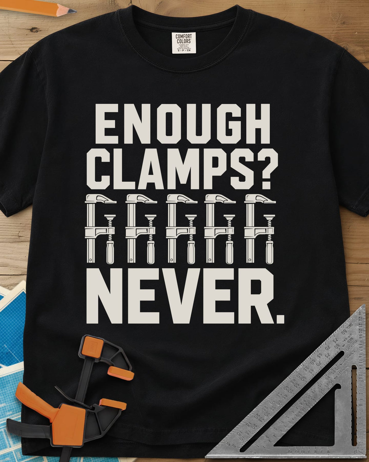 Enough Clamps heavyweight tee in Black, five bar clamps in a row between bold lettering