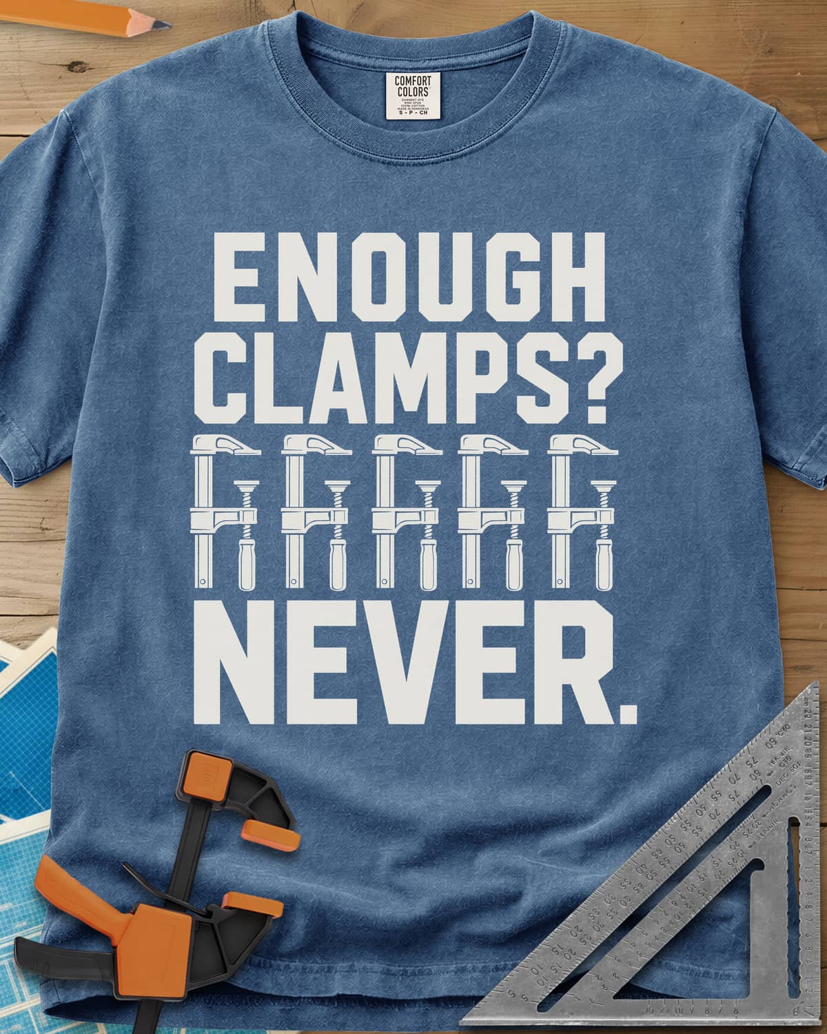 Enough Clamps heavyweight tee in Blue Jean, five bar clamps in a row between bold lettering