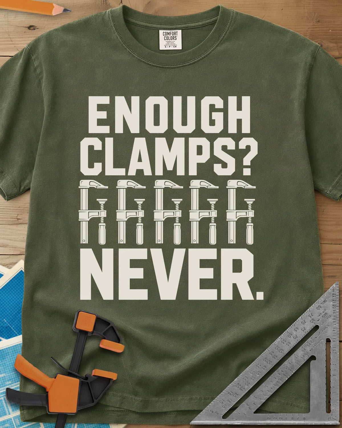 Enough Clamps heavyweight tee in Hemp, five bar clamps in a row between bold lettering