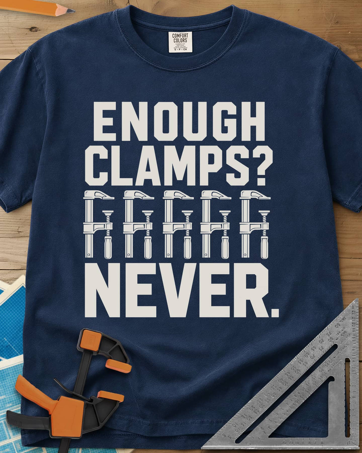 Enough Clamps heavyweight tee in Navy, five bar clamps in a row between bold lettering