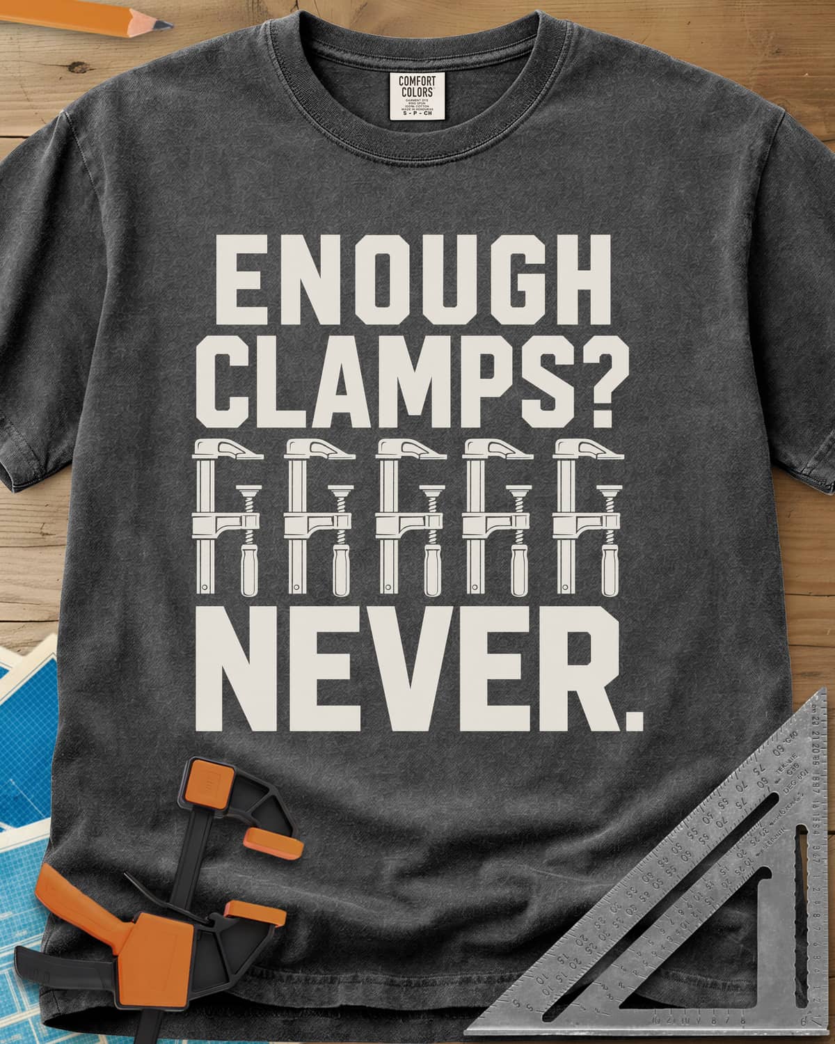 Enough Clamps heavyweight tee in Pepper, five bar clamps in a row between bold lettering