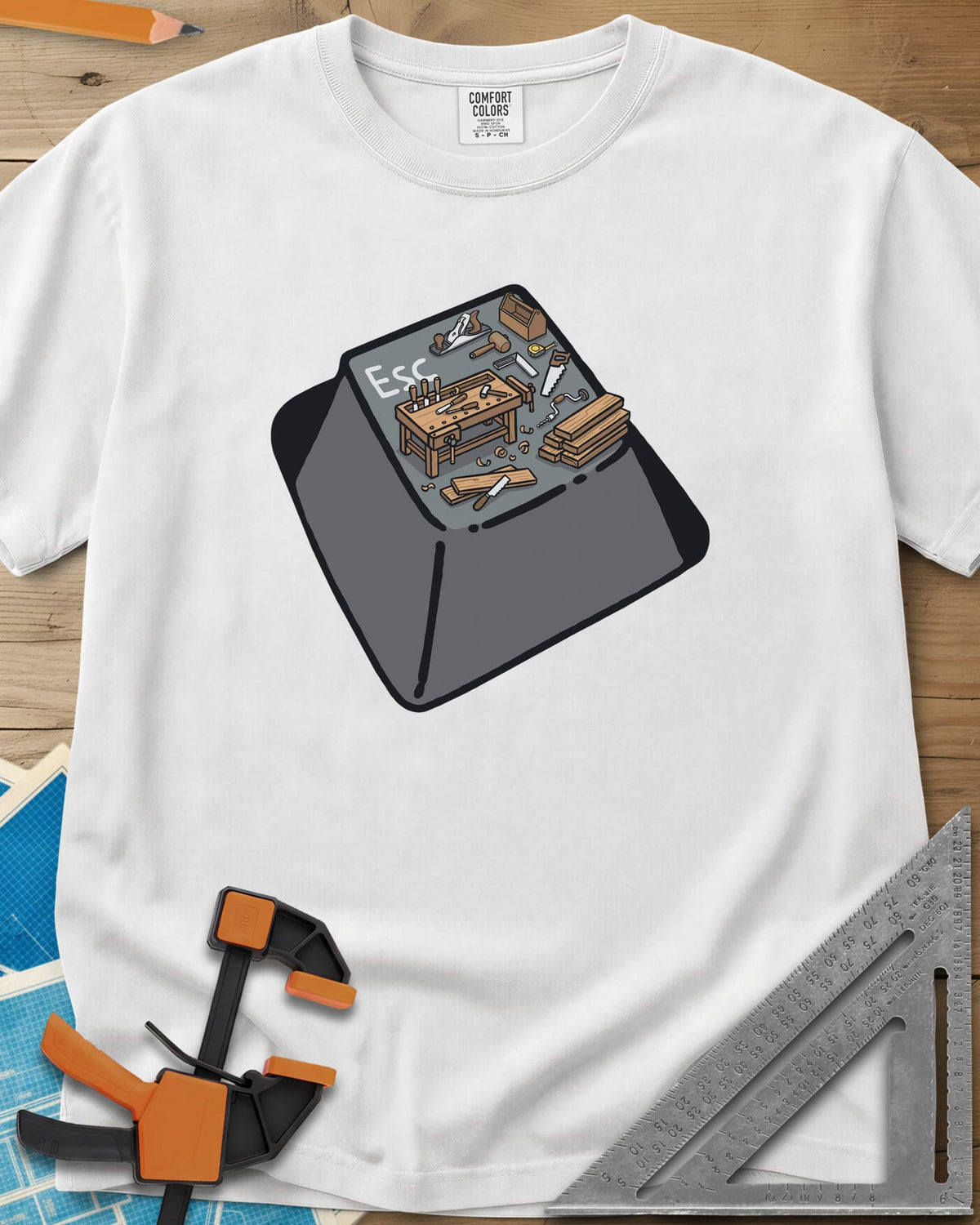 Escape To Shop heavyweight tee in White, a keyboard Esc key with a tiny woodshop scene on top
