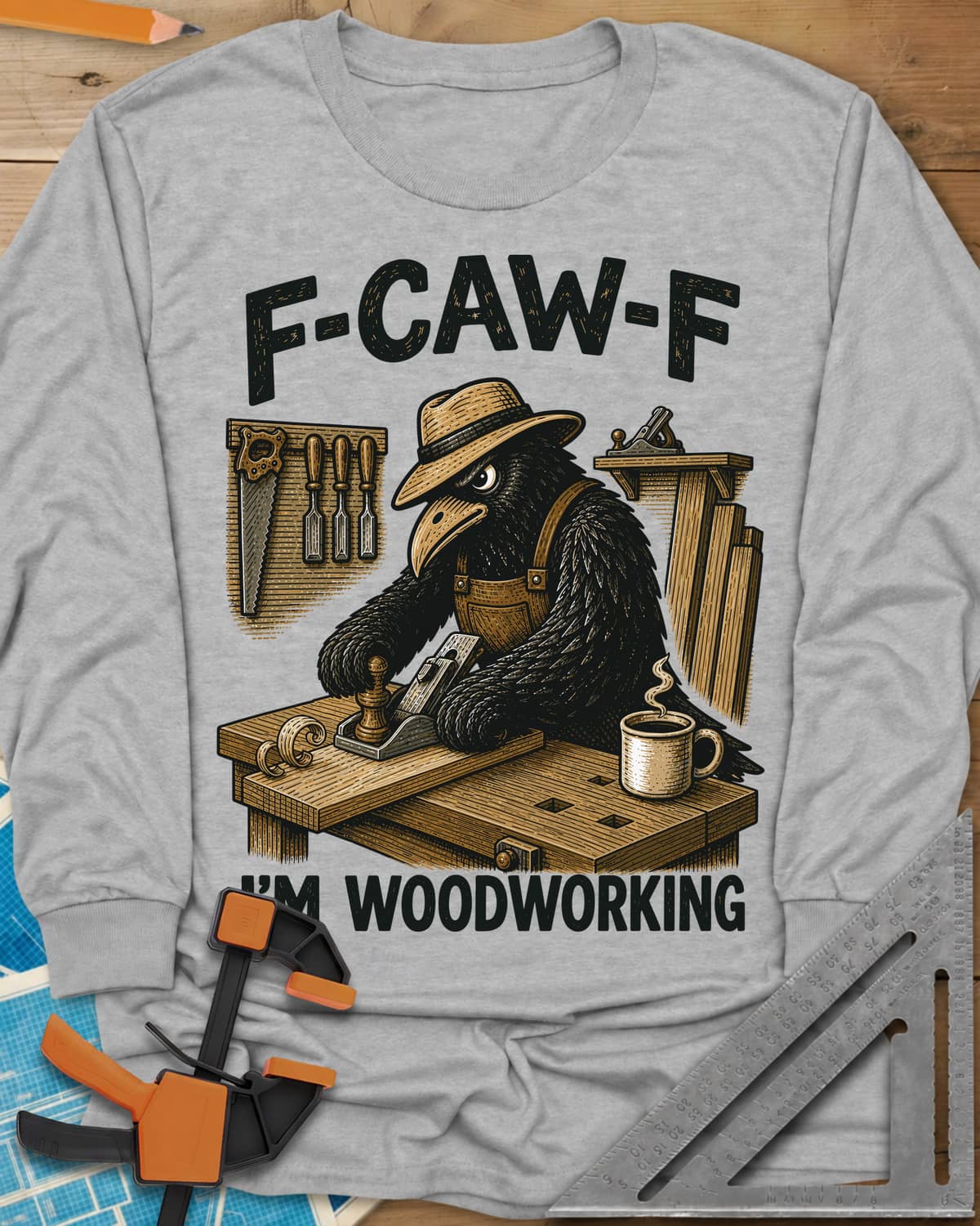 F Caw F Im Woodworking Crow long sleeve shirt in Sport Grey, a crow in a straw hat planing a board at a workbench