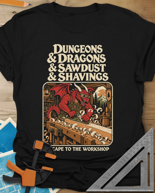 Escape To The Workshop t-shirt in Black, a red dragon in goggles planing a board at a workbench