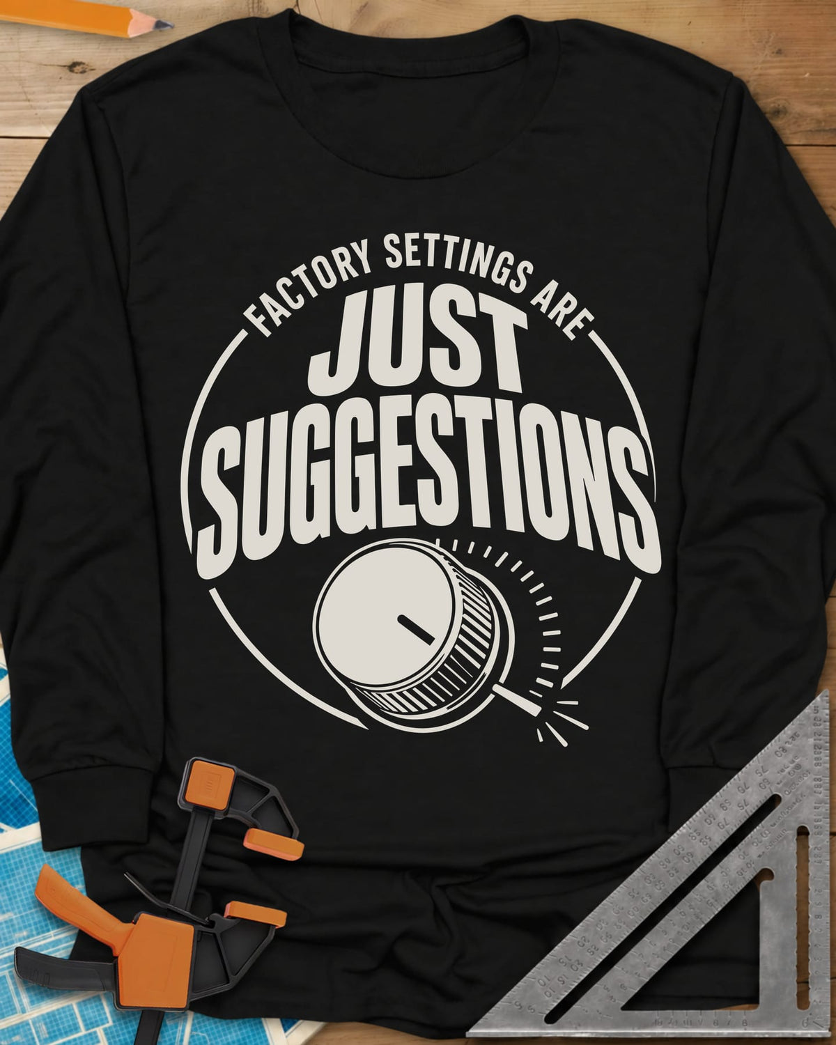 Factory Suggestions long sleeve shirt in Black, a round badge with a dial knob and tick marks
