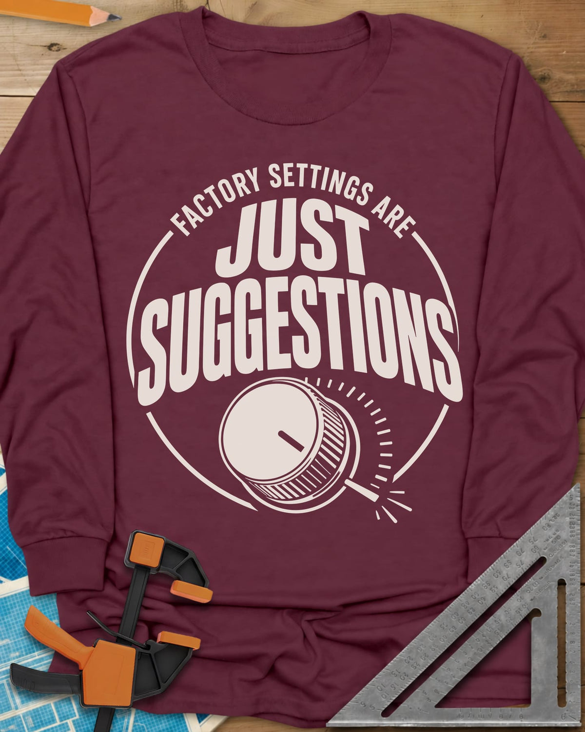 Factory Suggestions long sleeve shirt in Maroon, a round badge with a dial knob and tick marks