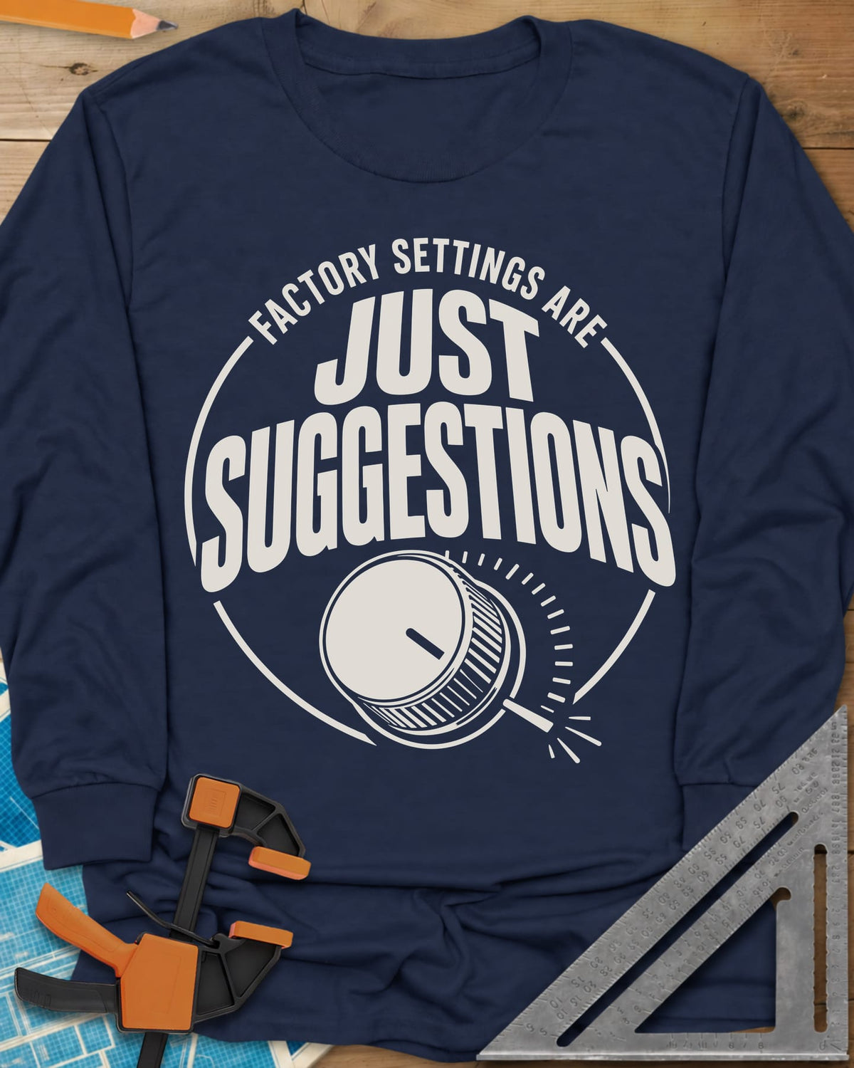 Factory Suggestions long sleeve shirt in Navy, a round badge with a dial knob and tick marks