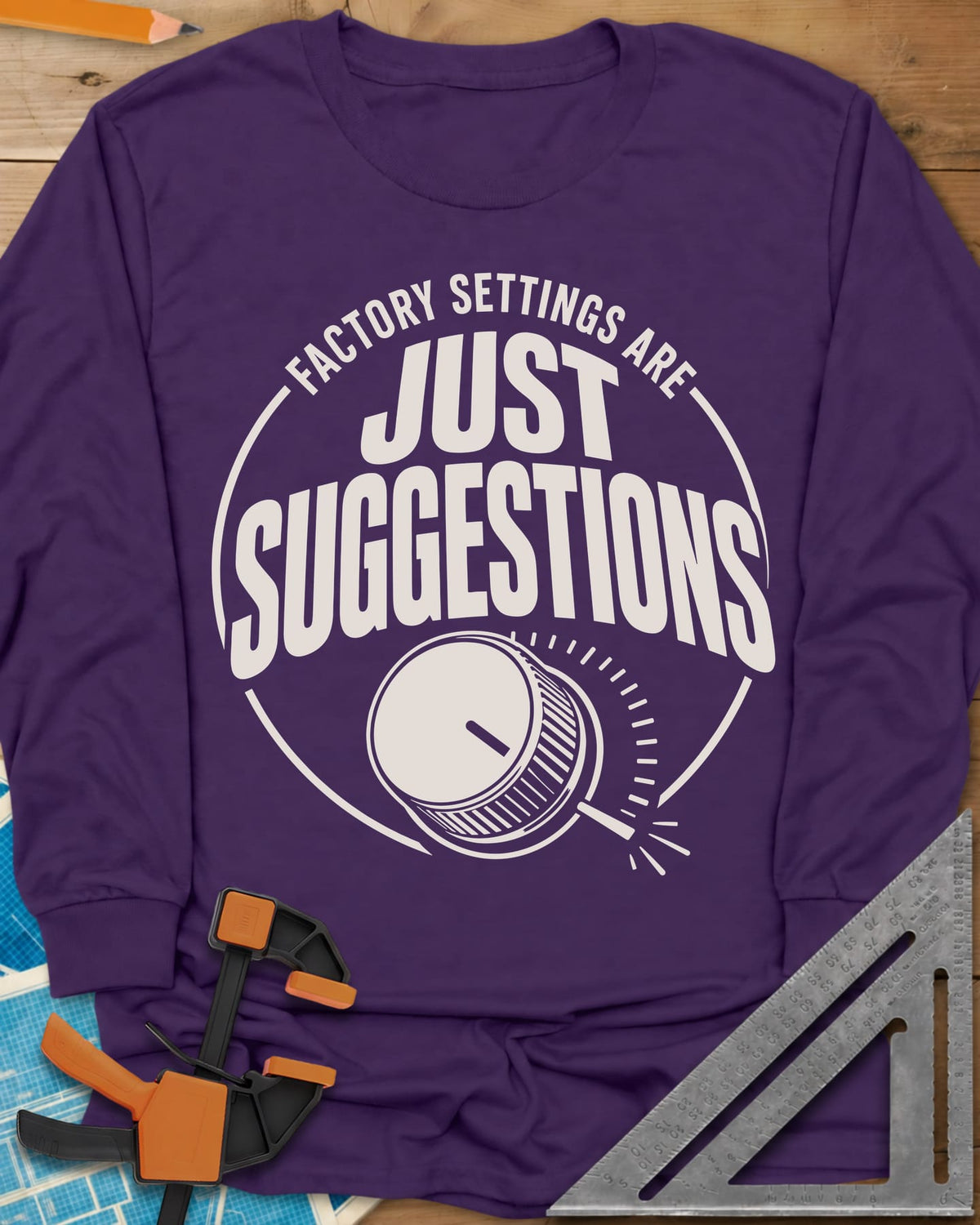 Factory Suggestions long sleeve shirt in Purple, a round badge with a dial knob and tick marks