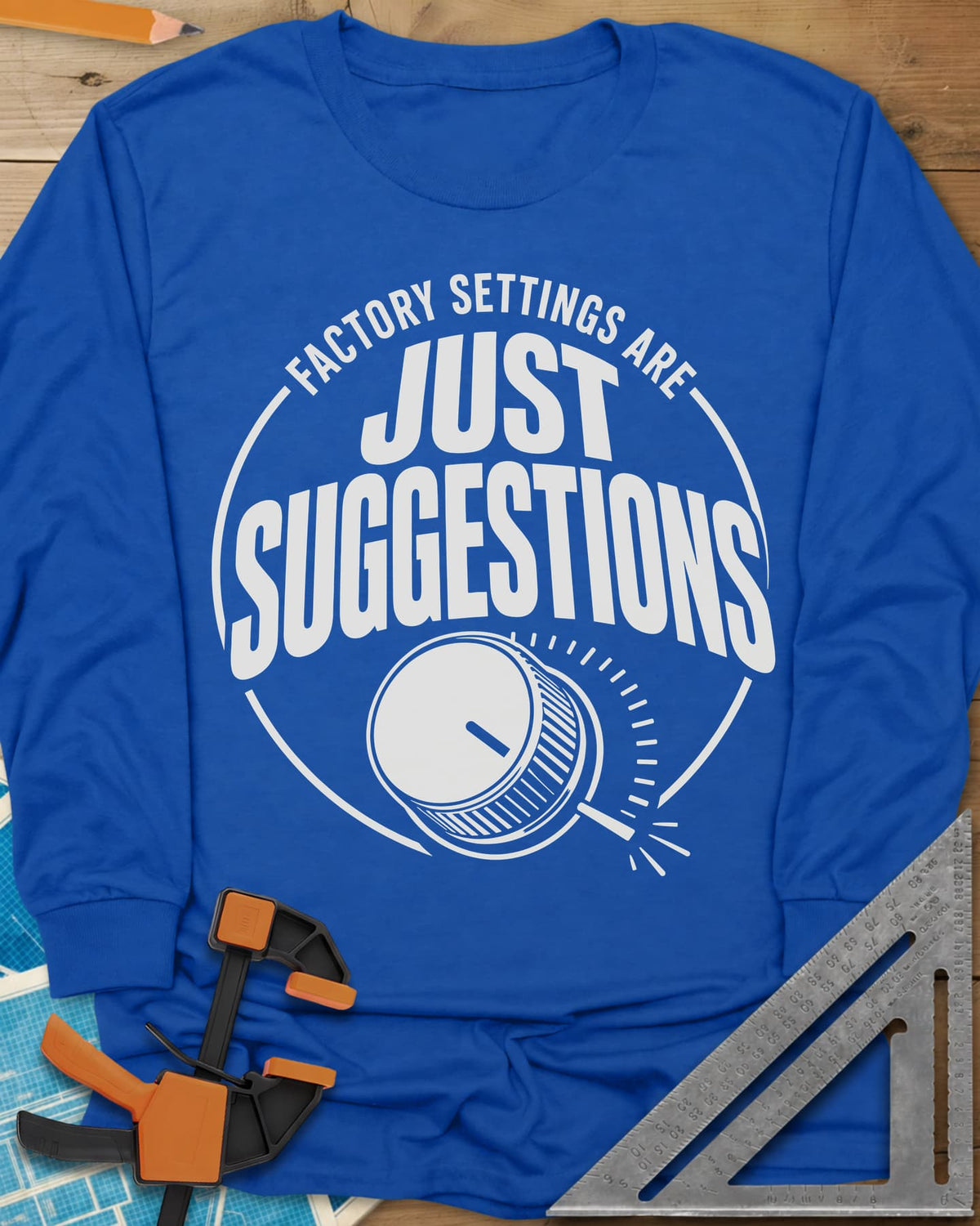 Factory Suggestions long sleeve shirt in Royal, a round badge with a dial knob and tick marks