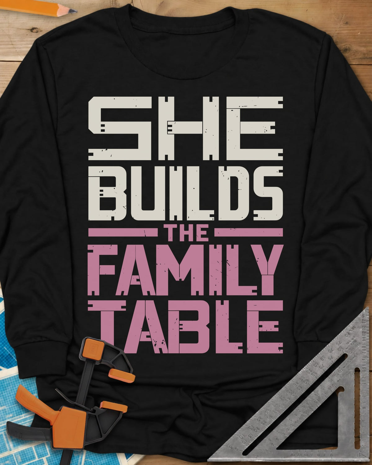 Family Table long sleeve shirt in Black, stacked block letters with notches cut like joinery