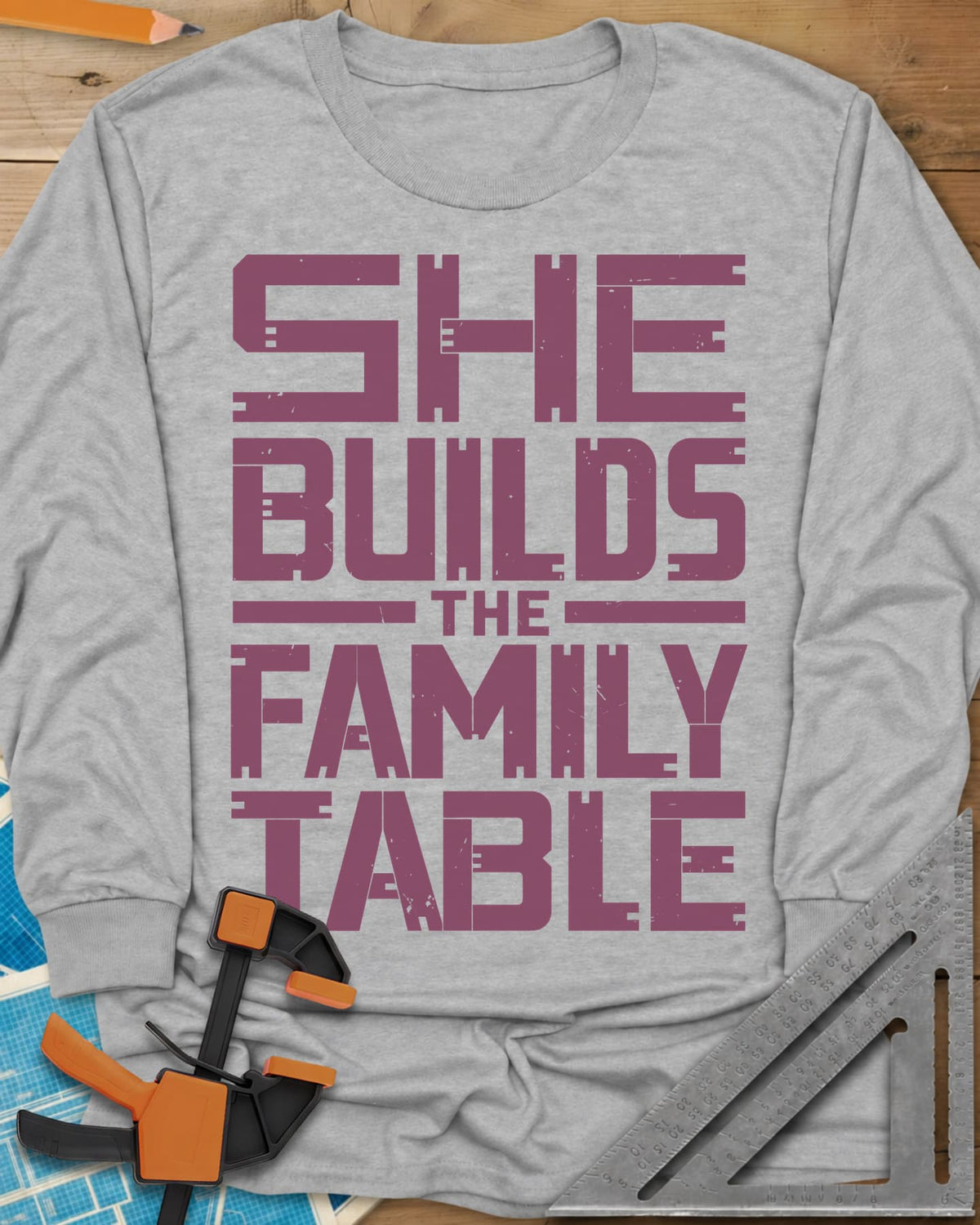 Family Table long sleeve shirt in Sport Grey, stacked block letters with notches cut like joinery