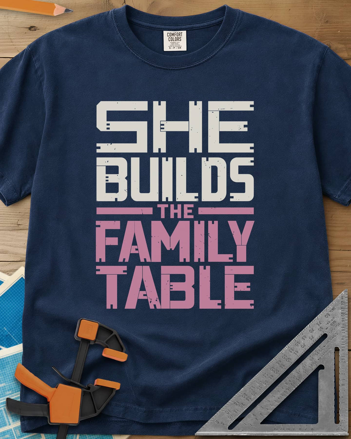 Family Table heavyweight tee in Navy, stacked block letters with notches cut like joinery