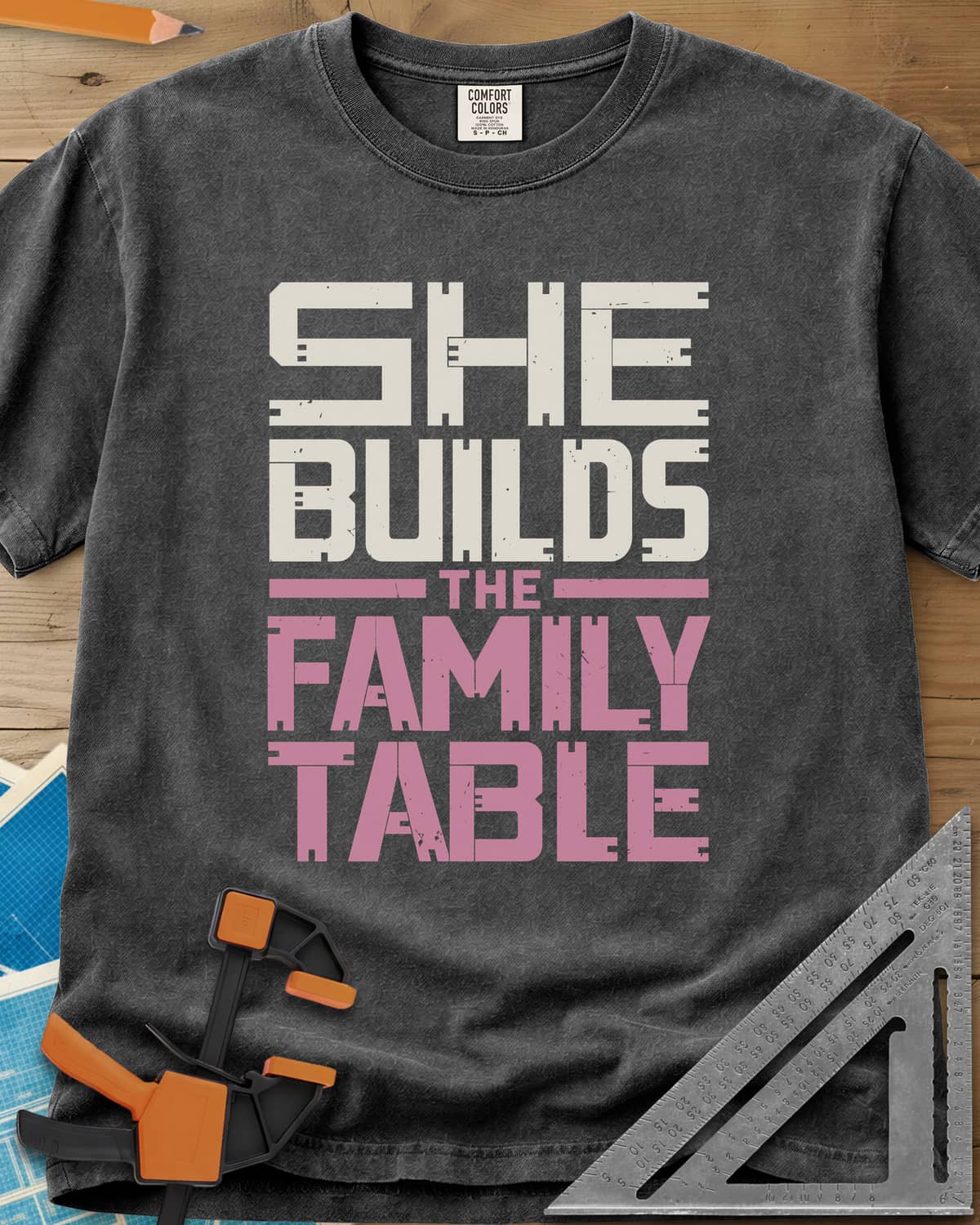 Family Table heavyweight tee in Pepper, stacked block letters with notches cut like joinery