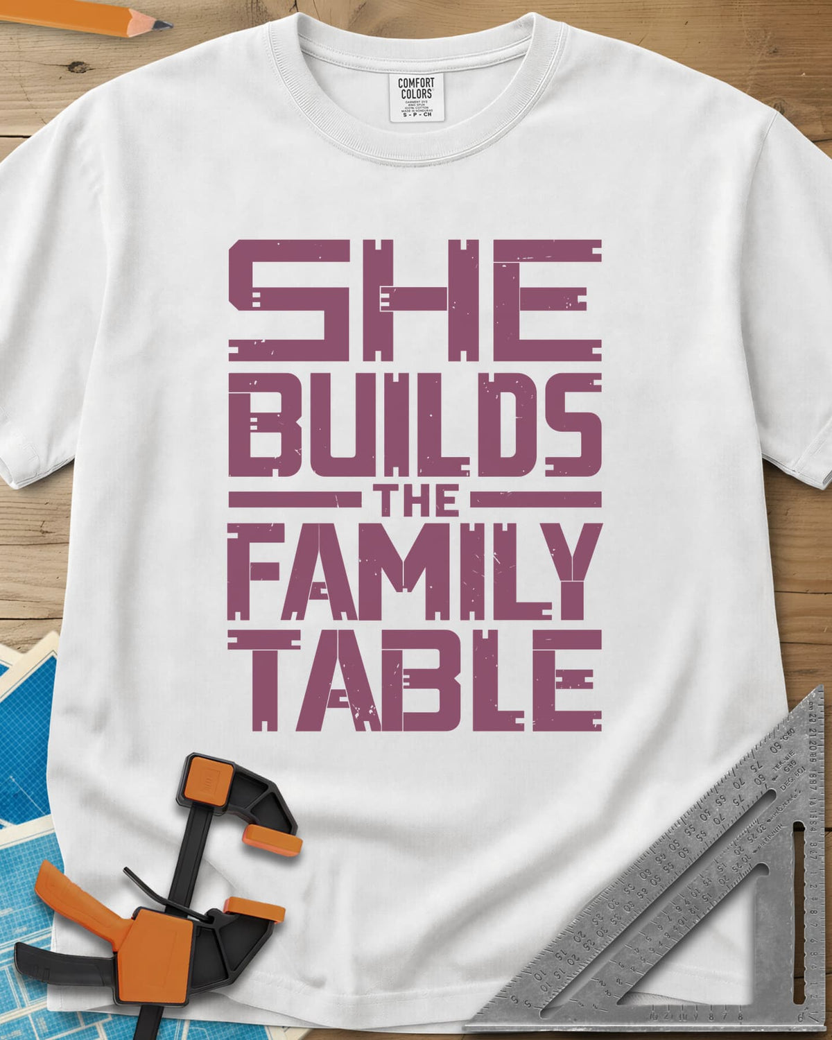 Family Table heavyweight tee in White, stacked block letters with notches cut like joinery