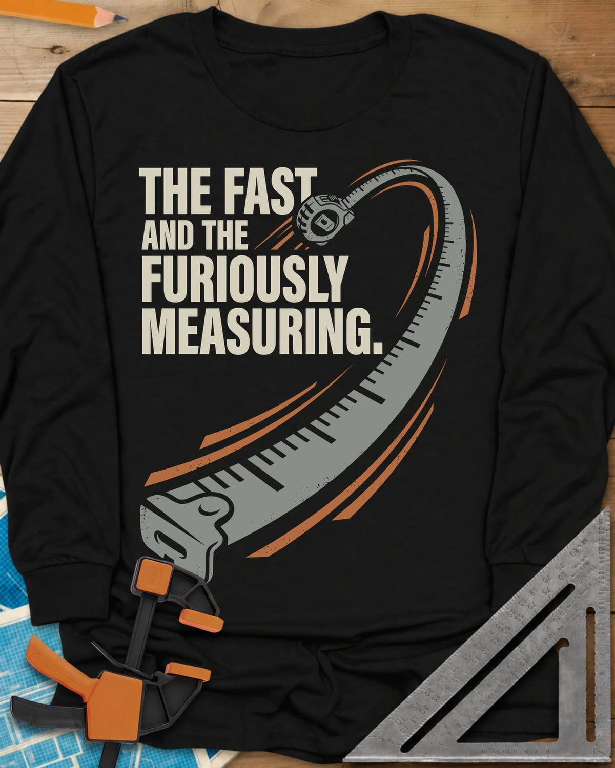 Fast And Furiously Measuring long sleeve shirt in Black, a tape measure whipping through the air with speed lines