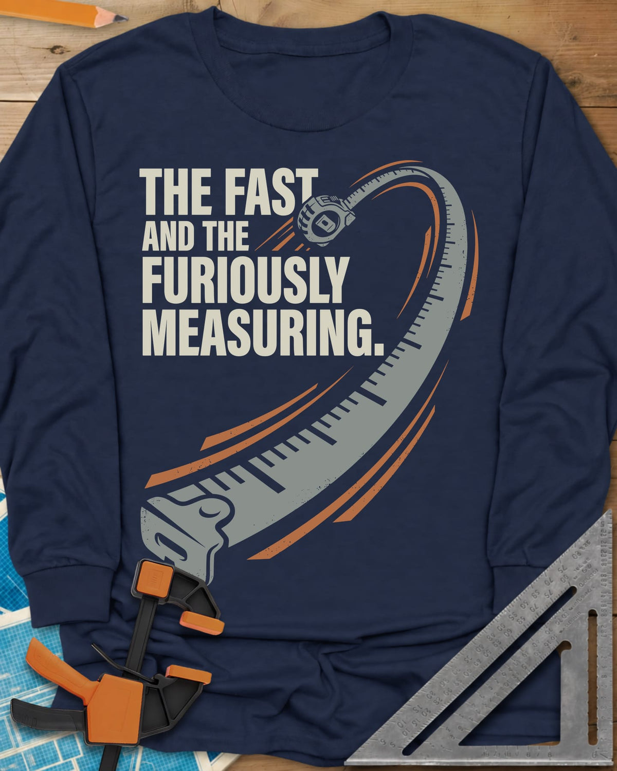 Fast And Furiously Measuring long sleeve shirt in Navy, a tape measure whipping through the air with speed lines