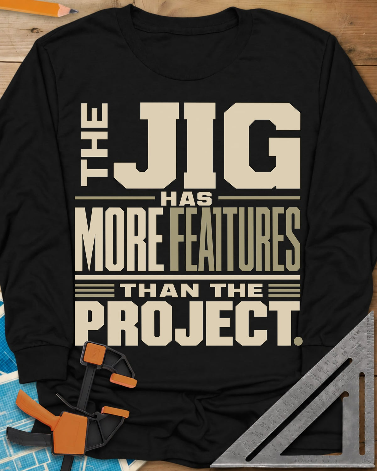 Feature Jig long sleeve shirt in Black, tall condensed lettering with JIG large, no illustration