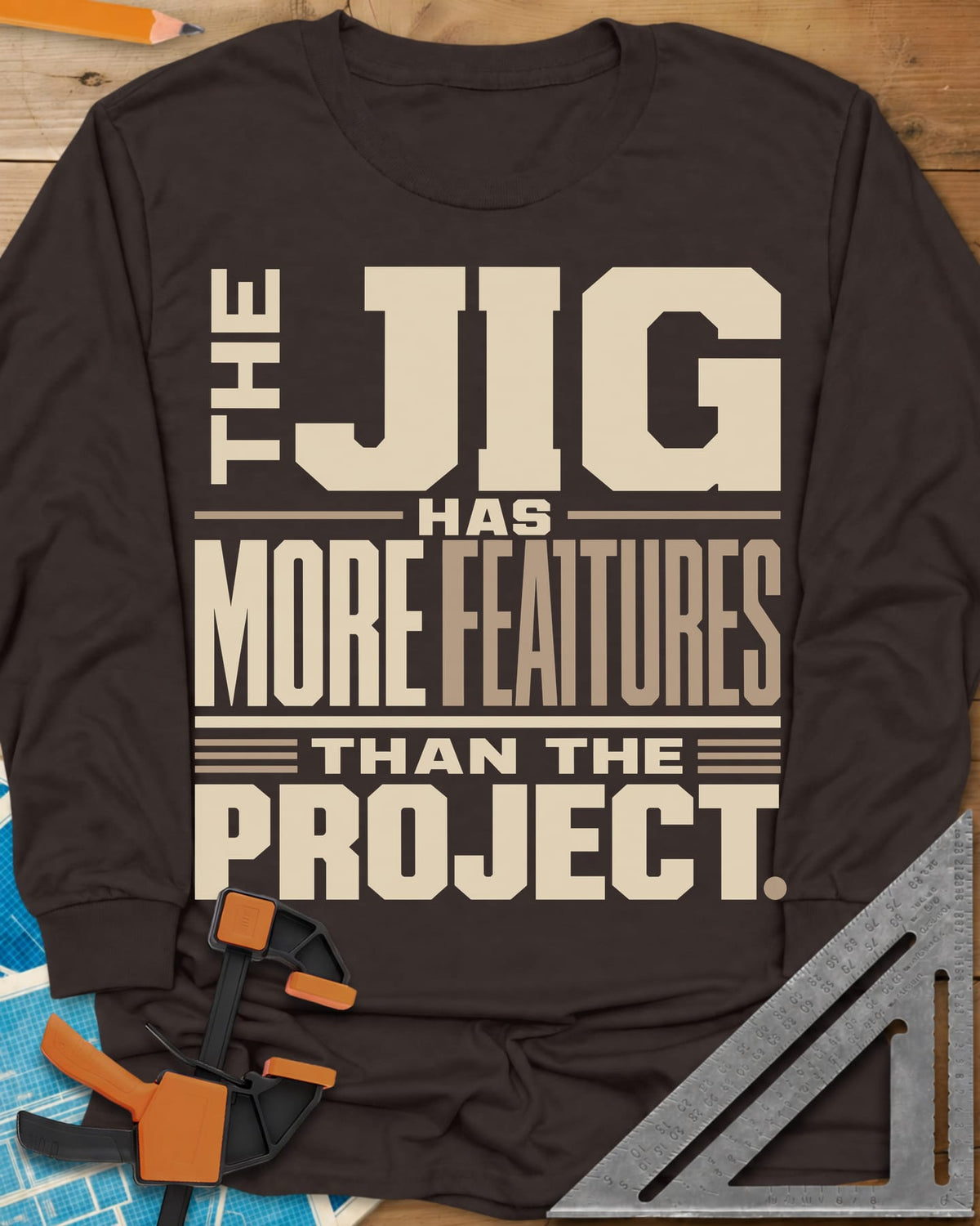 Feature Jig long sleeve shirt in Dark Chocolate, tall condensed lettering with JIG large, no illustration